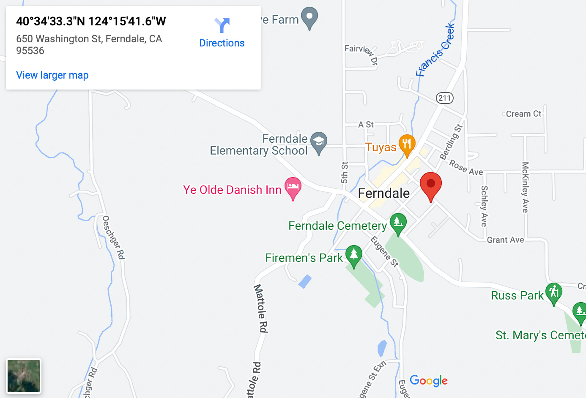 map showing the location of 650 Washington St. in Ferndale California